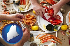 maine map icon and eating a seafood dinner