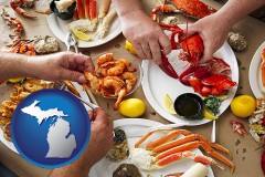 michigan map icon and eating a seafood dinner