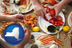 new-york map icon and eating a seafood dinner