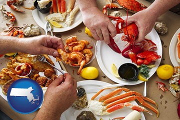 eating a seafood dinner - with Massachusetts icon