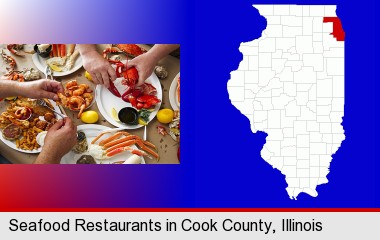 eating a seafood dinner; Cook County highlighted in red on a map