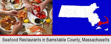 eating a seafood dinner; Barnstable County highlighted in red on a map