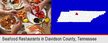 eating a seafood dinner; Davidson County highlighted in red on a map