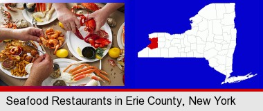 eating a seafood dinner; Erie County highlighted in red on a map