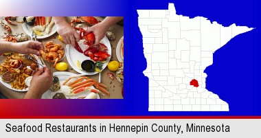 eating a seafood dinner; Hennepin County highlighted in red on a map