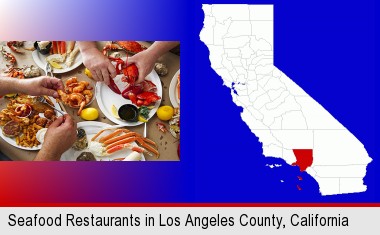 eating a seafood dinner; Los Angeles County highlighted in red on a map