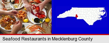 eating a seafood dinner; Mecklenburg County highlighted in red on a map