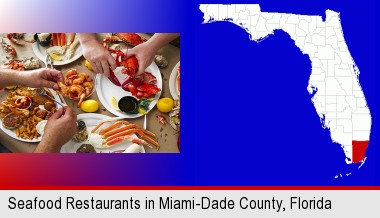 eating a seafood dinner; Miami-Dade County highlighted in red on a map