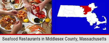 eating a seafood dinner; Middlesex County highlighted in red on a map