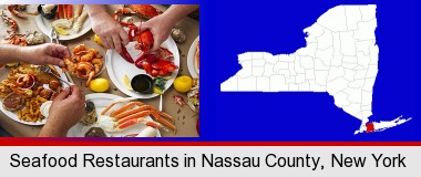 eating a seafood dinner; Nassau County highlighted in red on a map