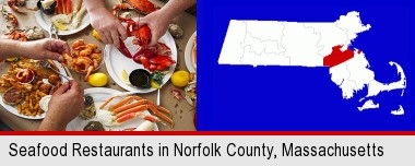 eating a seafood dinner; Norfolk County highlighted in red on a map