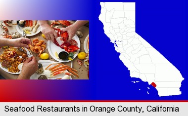 eating a seafood dinner; Orange County highlighted in red on a map