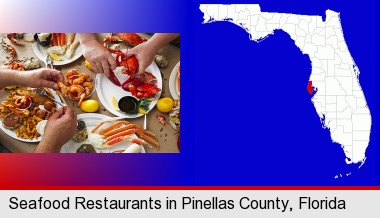 eating a seafood dinner; Pinellas County highlighted in red on a map