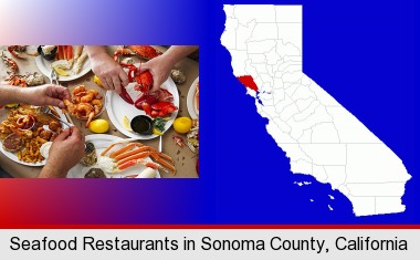 eating a seafood dinner; Sonoma County highlighted in red on a map