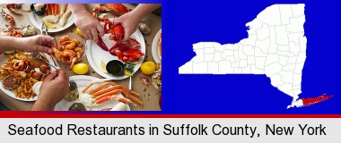 eating a seafood dinner; Suffolk County highlighted in red on a map